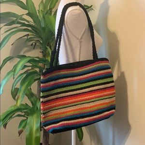 Multi-colored striped crochet shoulder bag